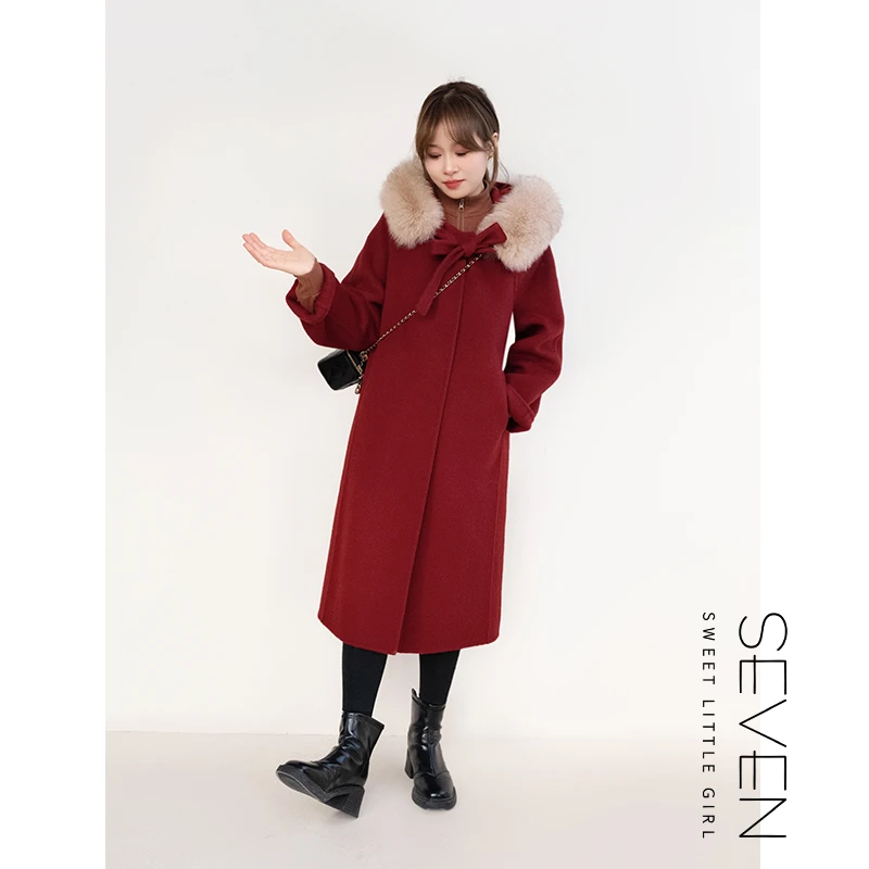 ③七七146小个子真狐狸毛领可拆卸连帽100%羊毛双面呢大衣女小美说