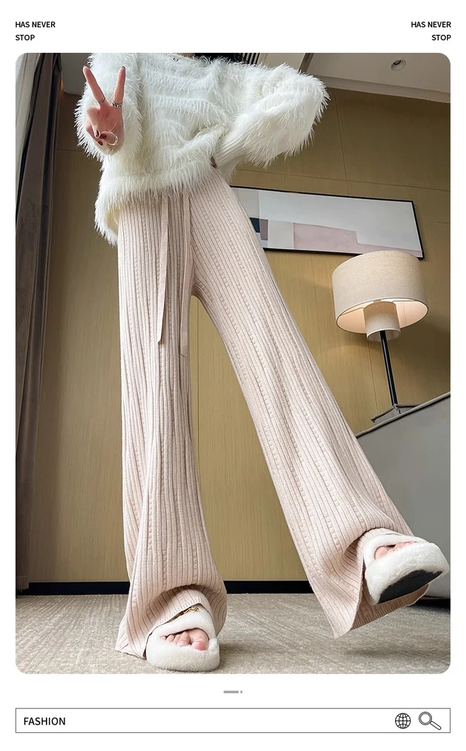 褶皱针织休闲裤子女秋冬季2024新款设计感宽松直筒高腰垂感阔腿裤