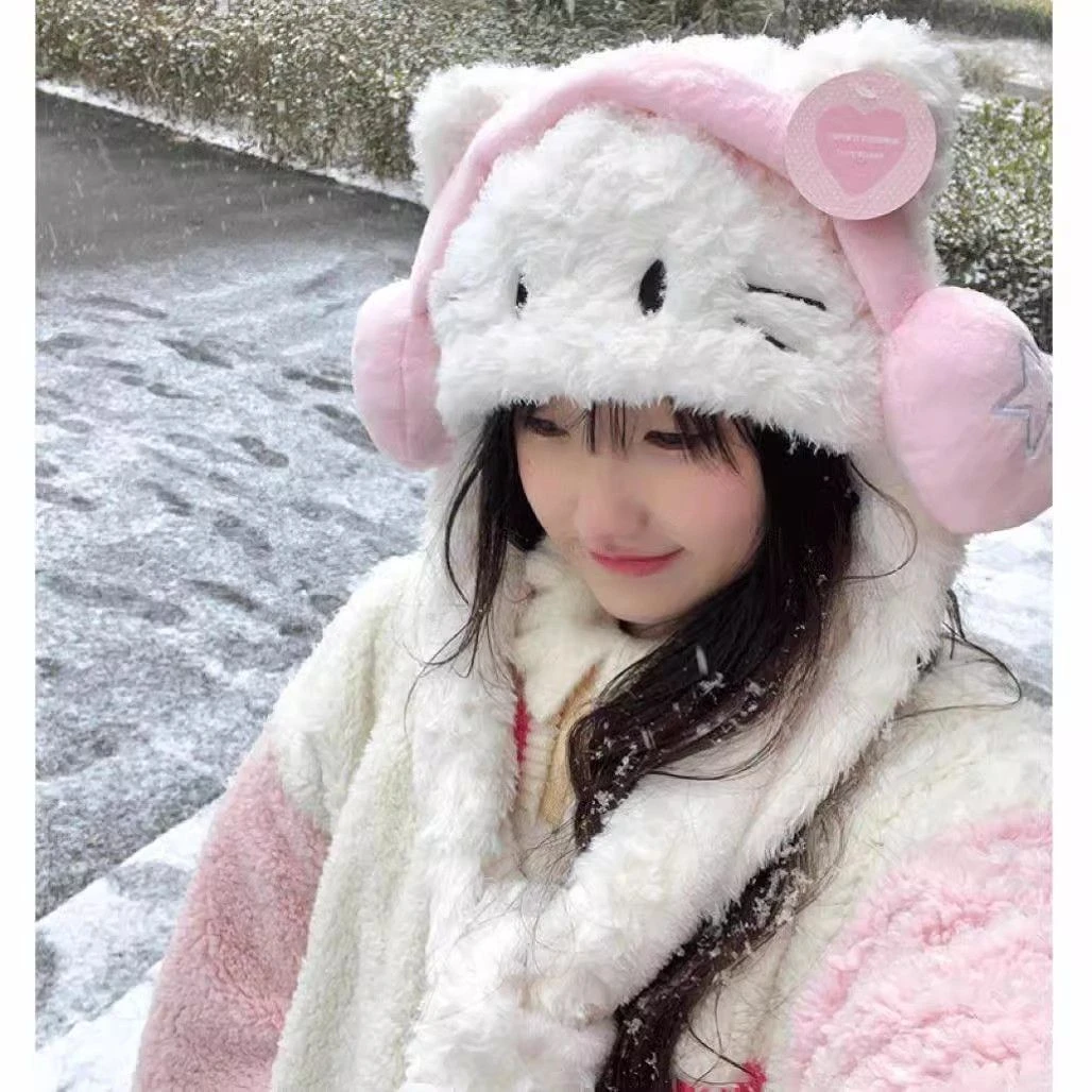 耳机猫帽子围巾一体女秋冬kt猫毛绒可爱百搭大头围冬天加绒FFF