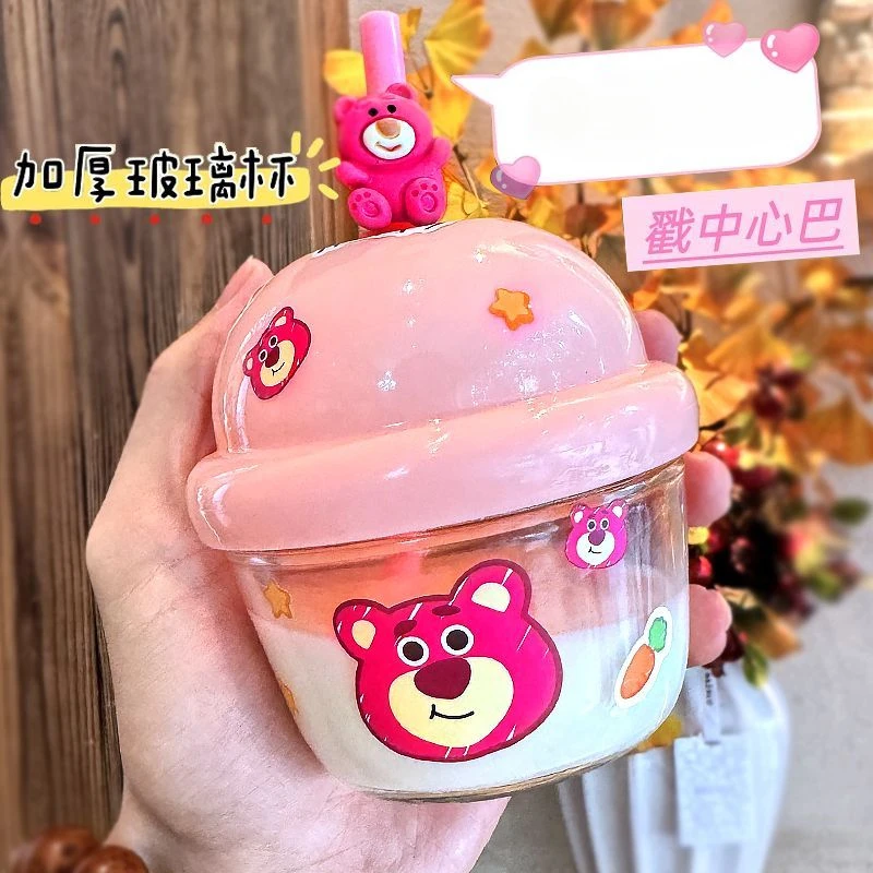 便携式草莓熊家用咖啡杯迷你耐高温玻璃水杯有盖可爱胖胖杯子CBC