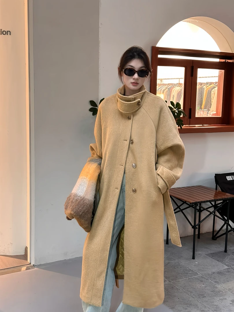 【漫游冬季】韩系高级感立领系带长款小个子外套呢子大衣