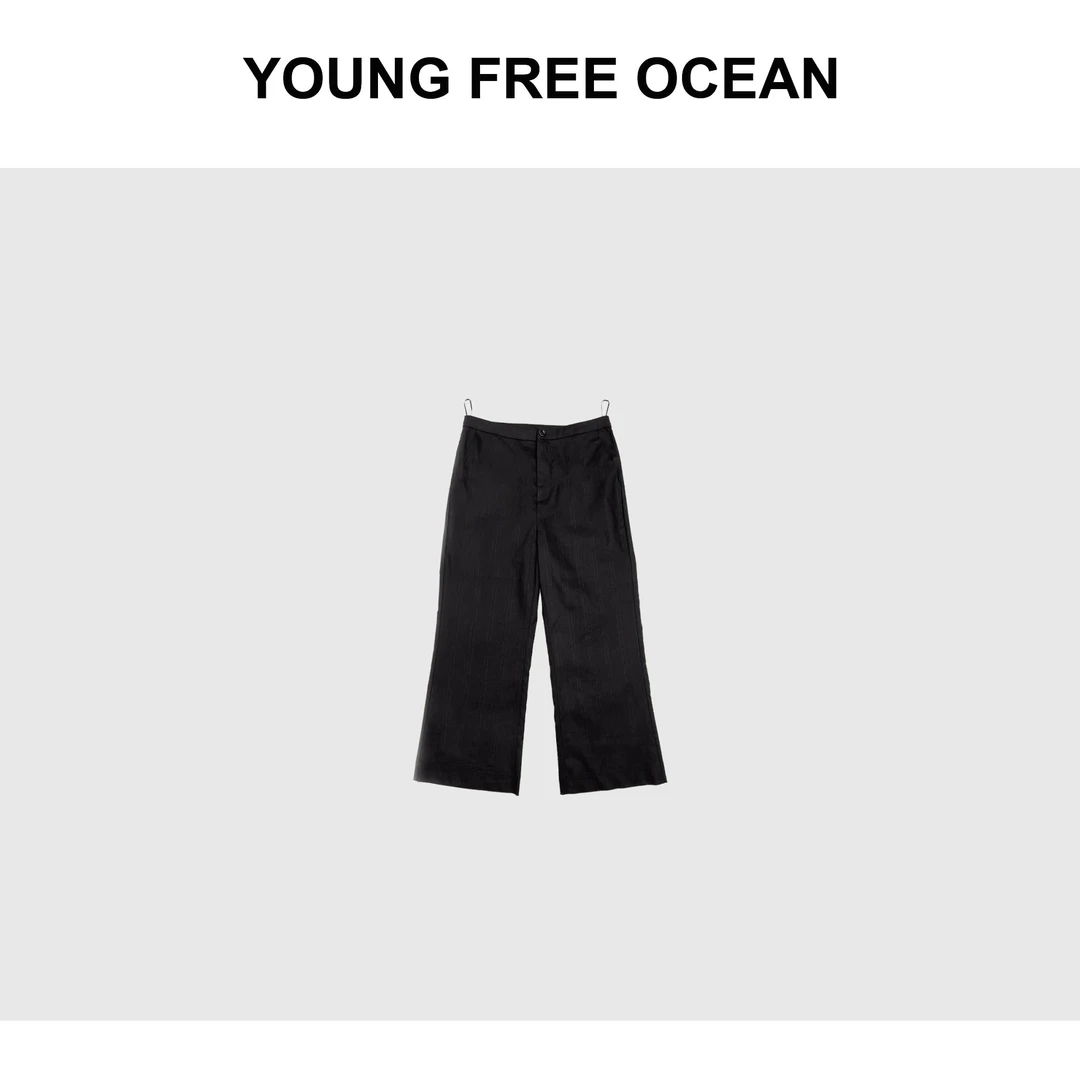 YOUNG FREE OCEAN2024夏款 微弹竖纹黑色亚麻微喇九分西装休闲裤