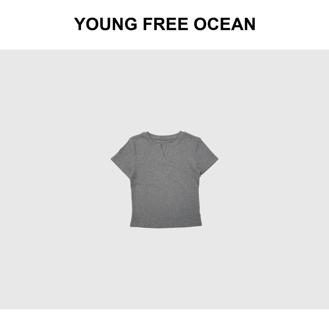 YOUNG FREE OCEAN2024夏款 圆领小V口弹力纯色T恤