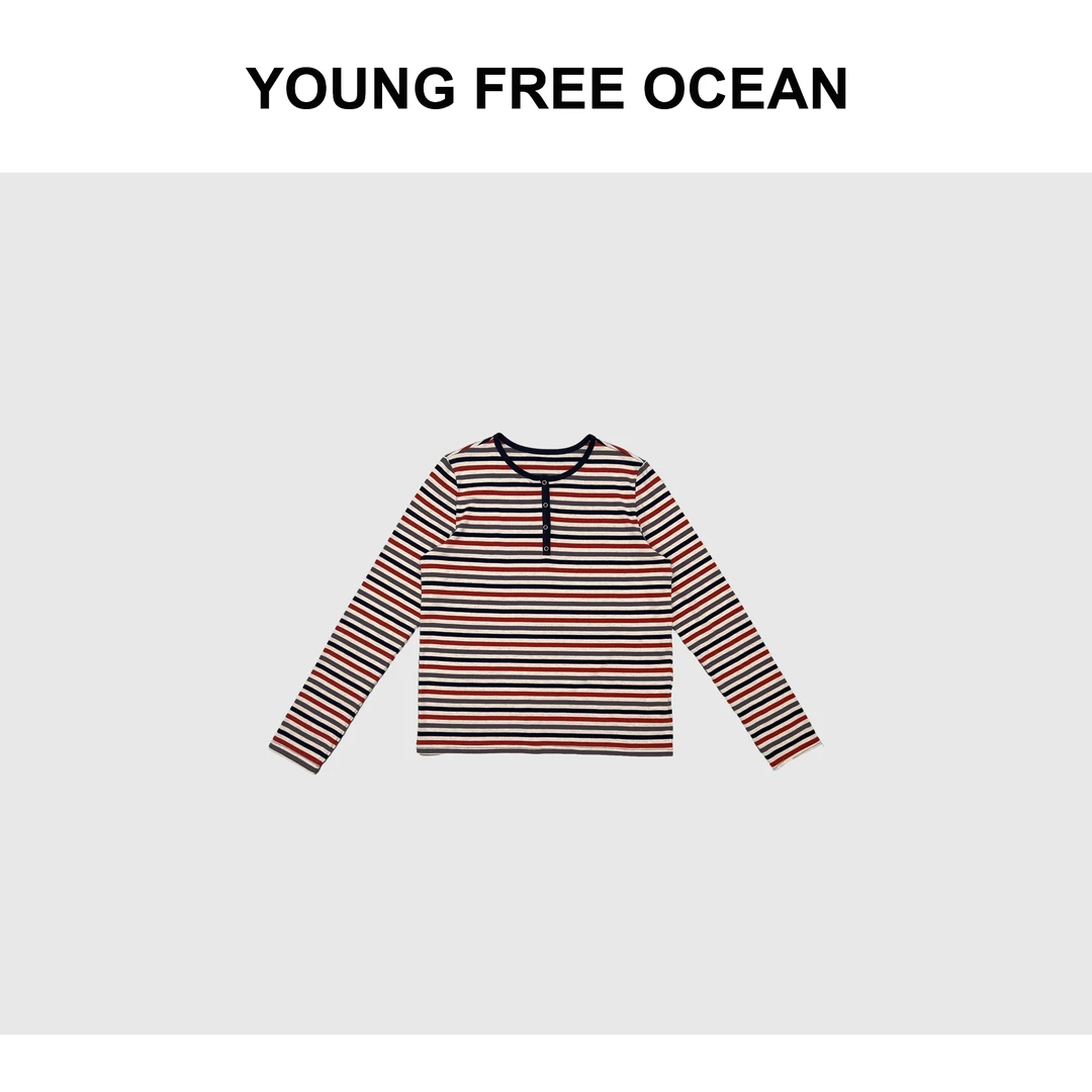 YOUNG FREE OCEAN2024春款 彩条圆领扣子长袖T恤