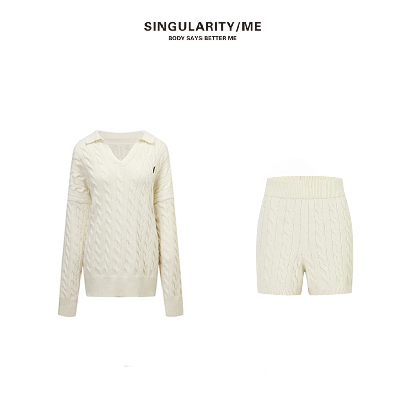 Singularity Me 1532 1533 美式复古polo领绞花针织毛衣套装