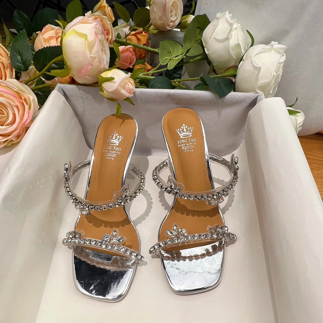 牛皮水钻拖鞋女一字带凉拖鞋水晶跟气质粗跟仙女风一字拖高跟鞋