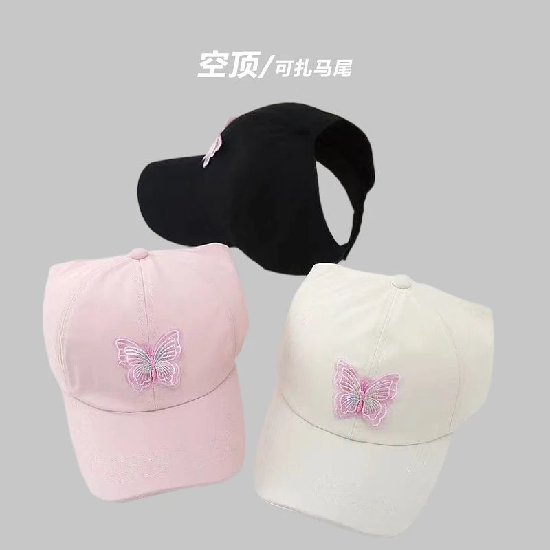 儿童帽子亲子可扎马尾棒球帽遮阳帽蝴蝶粉色防晒透气鸭舌帽太阳帽