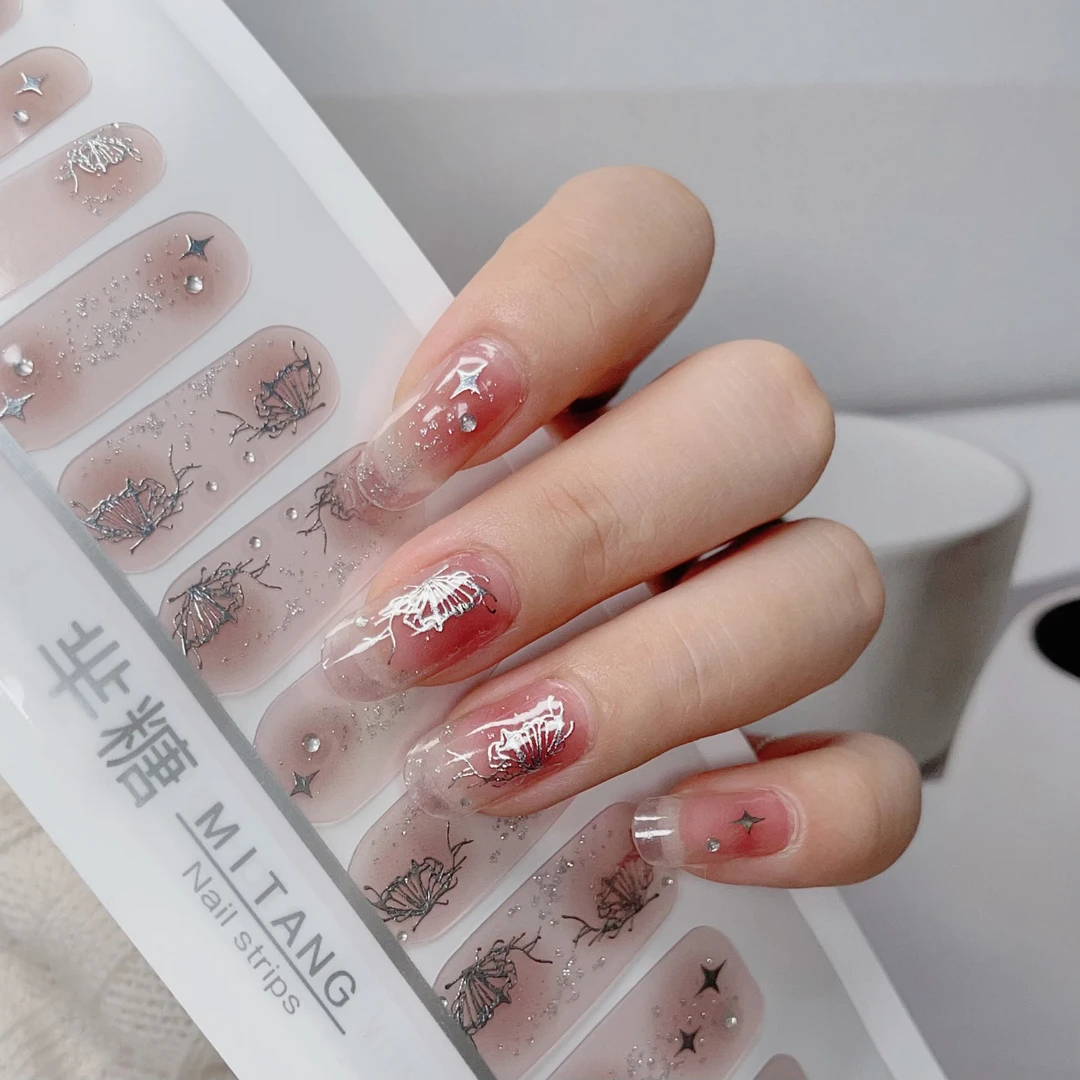 免烤灯】82号【蝶舞】冰茶色打底银丝蝴蝶防水美甲贴