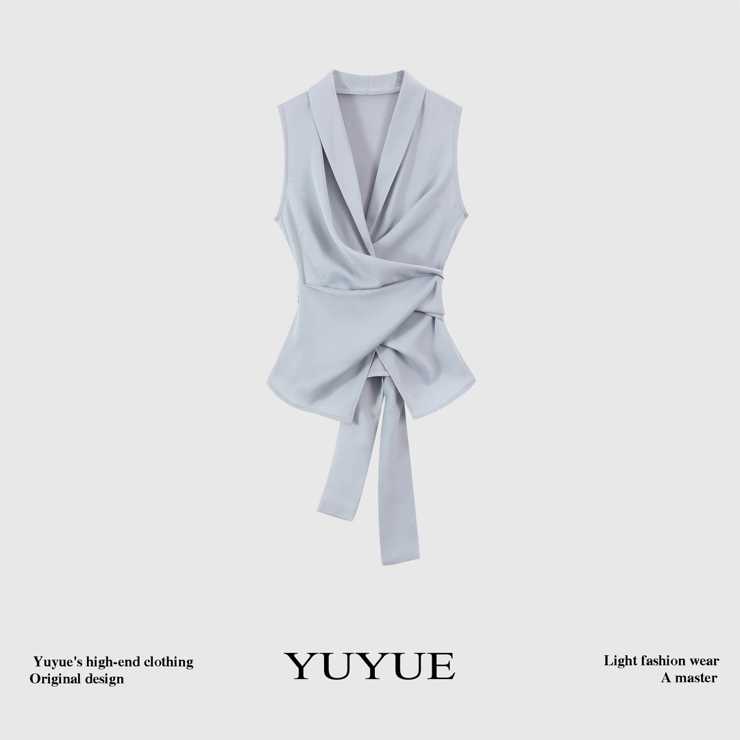 勿【港岛日落】法式V领缎面无袖衬衫女夏季设计感气质修身衬衣80781