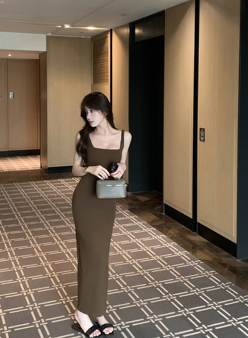 勿！【浪漫旧梦】气质性感修身收腰吊带连衣裙女度假风包臀长裙80928