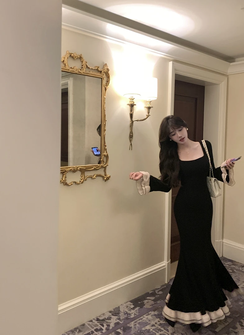 【黑夜颂歌】冬季法式喇叭袖大摆长裙气质拼色包臀连衣裙80463