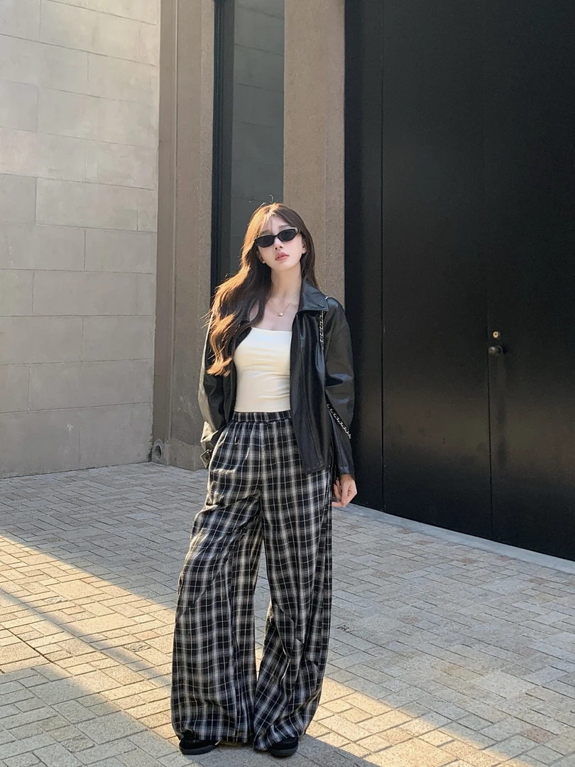 现货【长岛假期】时尚休闲格纹裤气质百搭格子裤宽松显瘦长裤81349