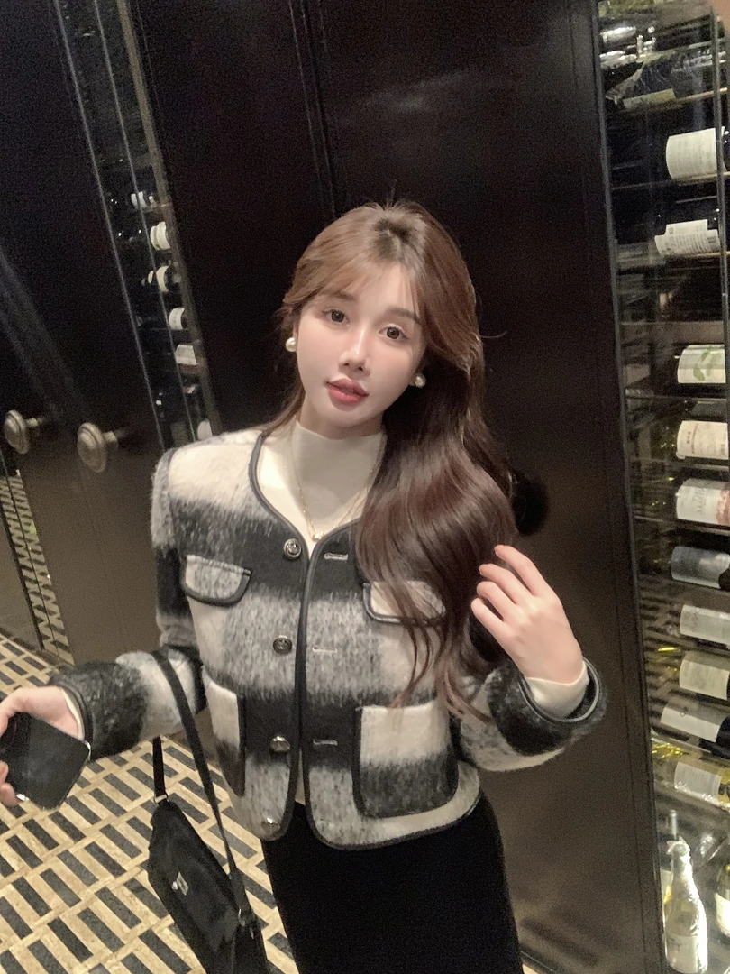 【月光浮星】冬季法式复古小香风外套女休闲百搭撞色格子外套80368