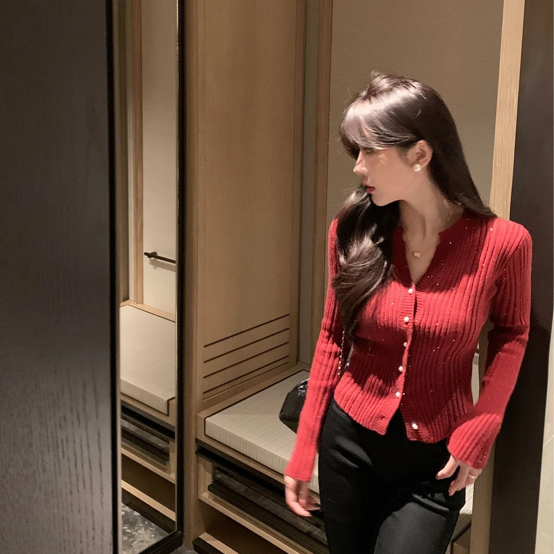 【丁香雨雾】冬季时尚气质针织V领开衫复古坑条长袖针织衫女80474