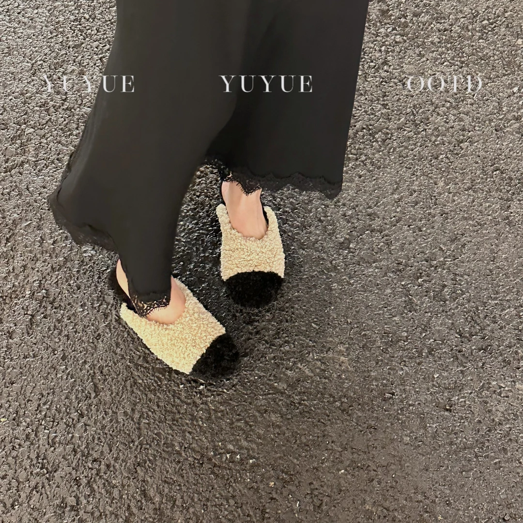 秋冬休闲百搭外穿包头拖鞋时尚气质平底毛毛鞋女80215