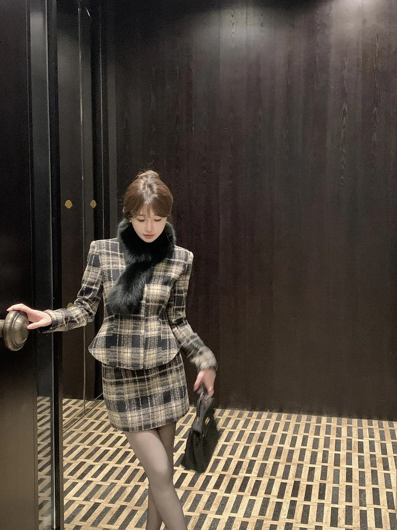 【雪落夜鸢】冬季格子小香风套装高级感气质复古时尚套装80352
