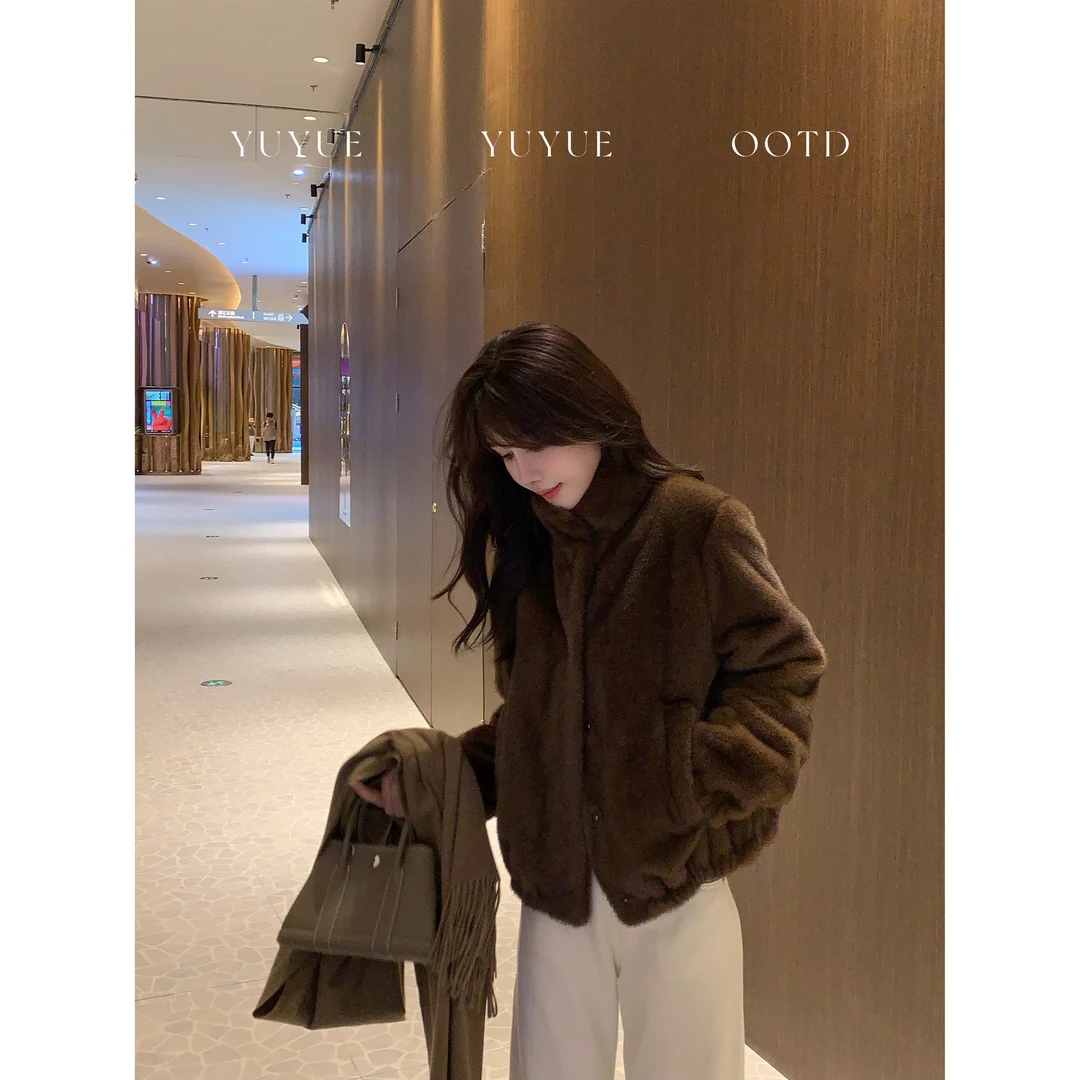 【胶片日记】休闲时尚立领收腰毛毛外套冬季慵懒保暖百搭外套80021