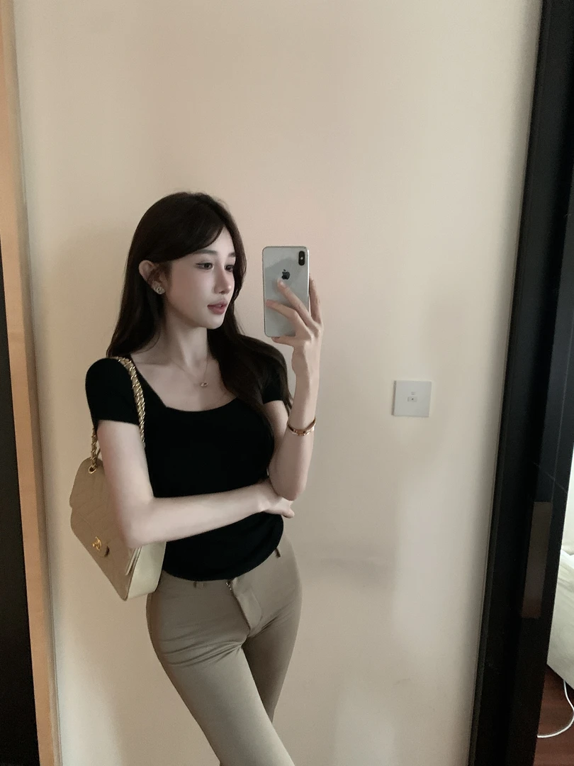 【玫瑰宝石】休闲风气质方领针织短袖上衣夏季时尚百搭纯色T恤80939