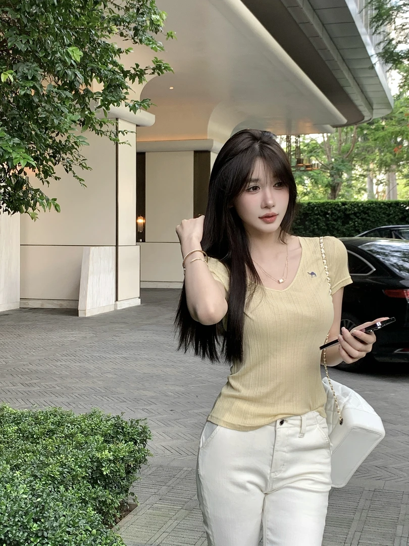 【迷恋画卷】时尚休闲V领微透短袖T恤高级感百搭打底上衣80995