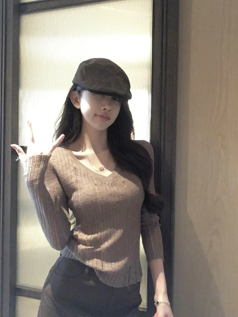 【雨后初晴】时尚设计感针织V领长袖T恤气质百搭轻奢修身上衣81142