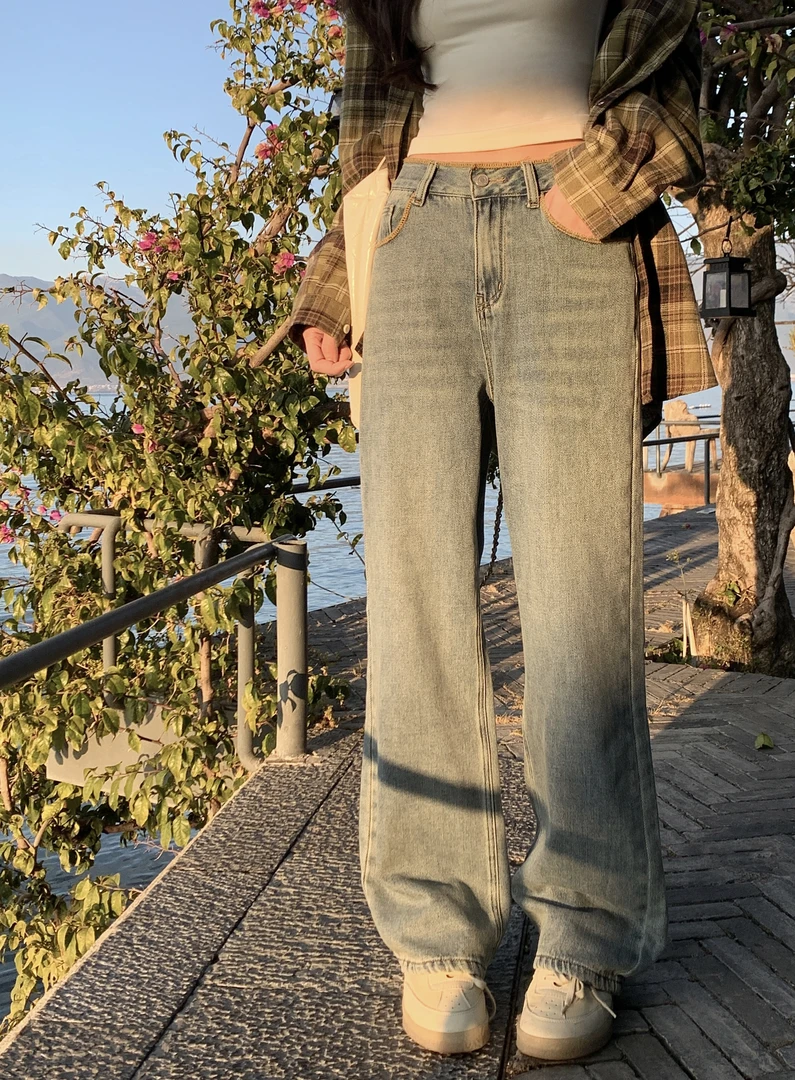 【牛仔日记】春季高腰港风蓝色阔腿牛仔裤女百搭休闲直筒长裤80134