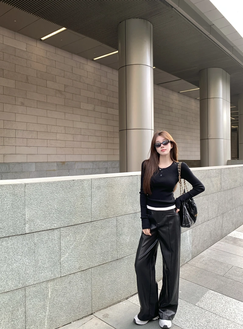 【古典轮廓】设计感时尚高腰显瘦皮裤气质休闲直筒宽松长裤81427