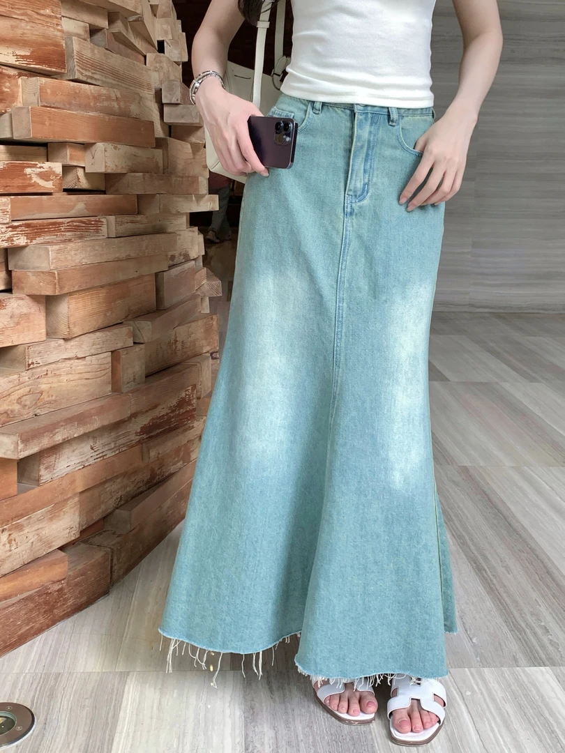 【沿海公路】水洗牛仔高腰鱼尾半身裙女复古毛须宽松A字长裙81089