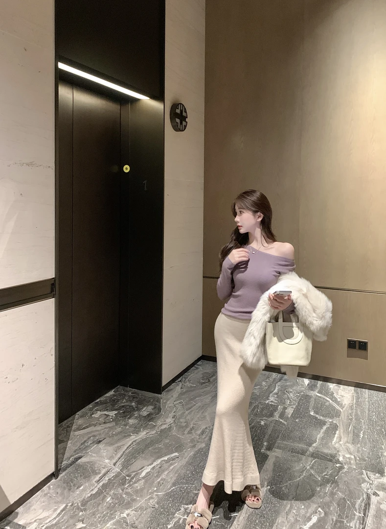 【海岛热恋】休闲风高腰针织鱼尾半裙时尚百搭修身A字长裙81417