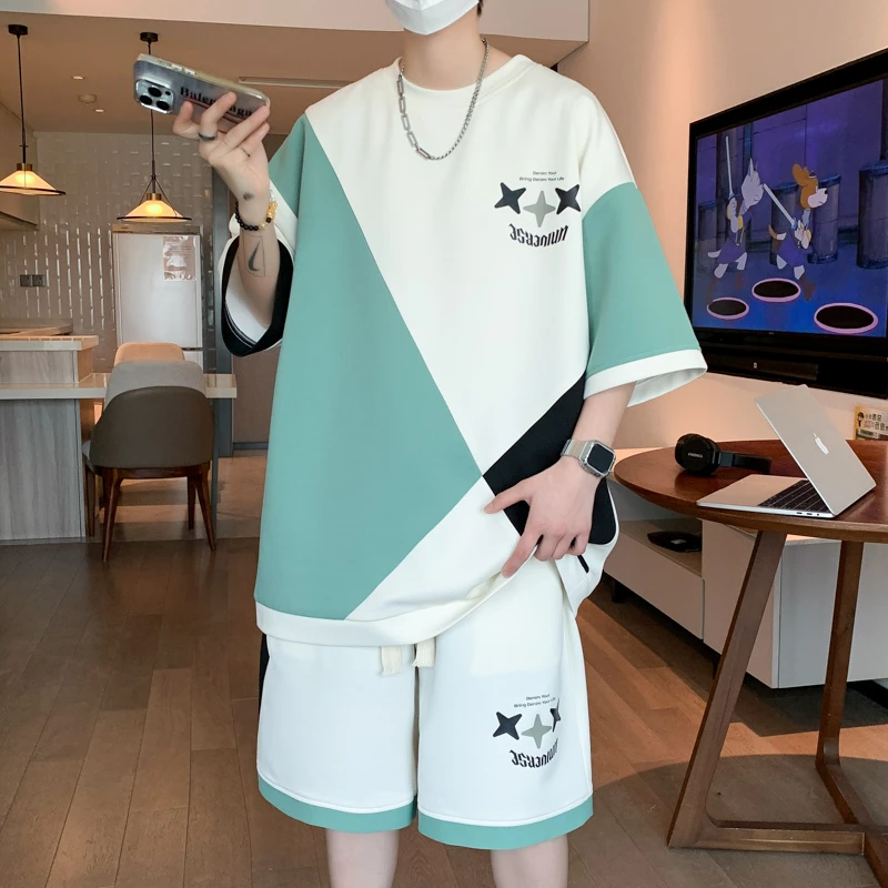 青少年夏季短裤薄款新款短袖T恤套装两件套男士潮流宽松帅气学生