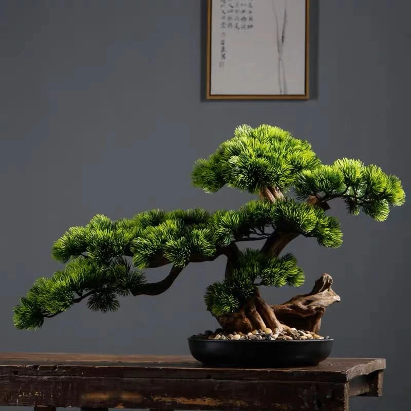 仿真迎客松崖柏盆栽办公室摆件新中式书房玄关盆景植物装饰品酒店