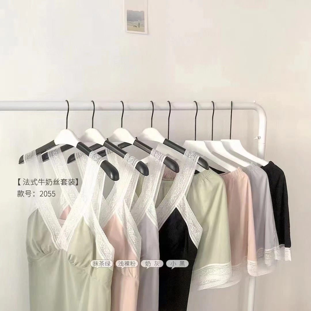 法式睡衣牛奶丝套装带胸垫蕾丝花边家居服日韩睡衣短裤甜美