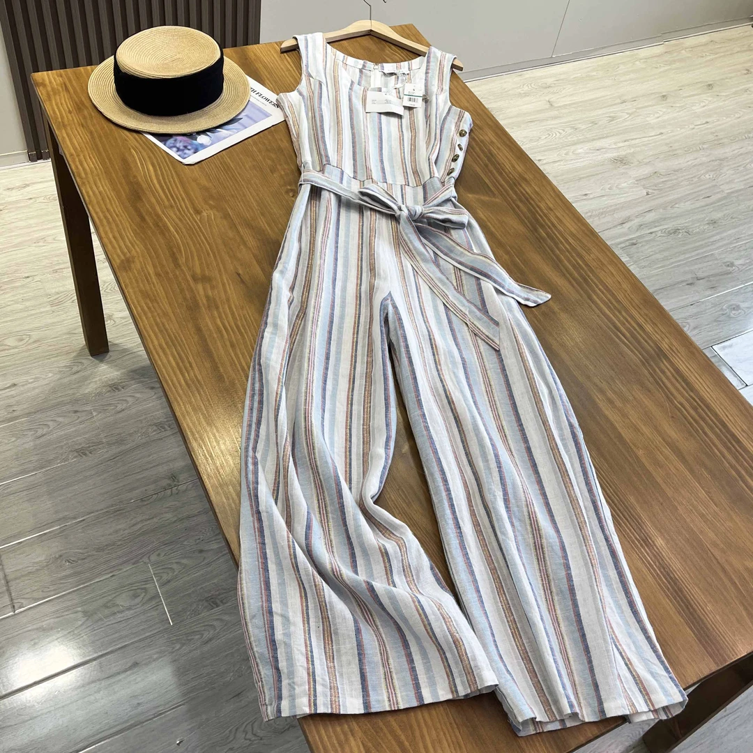 A122小众高级感夏季亚麻洋气减龄条纹无袖休闲阔腿连体裤