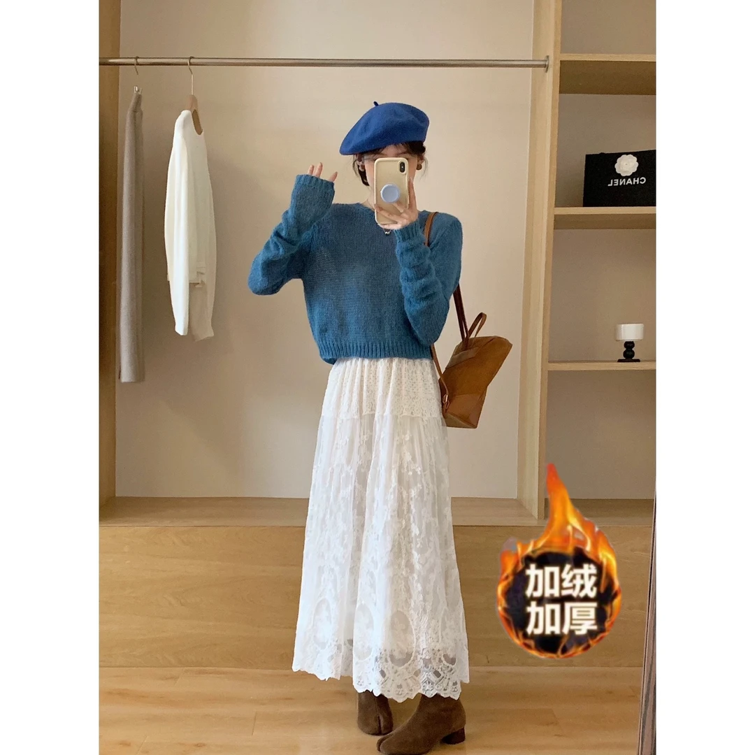 春秋新款设计感百搭减龄拼接大摆蕾丝半身裙慵懒风裙子