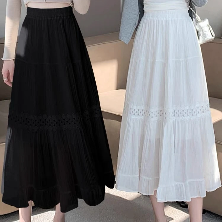 休闲简约纯色简约春秋新款胖mm高腰半身裙女a字镂空长裙蛋糕裙子