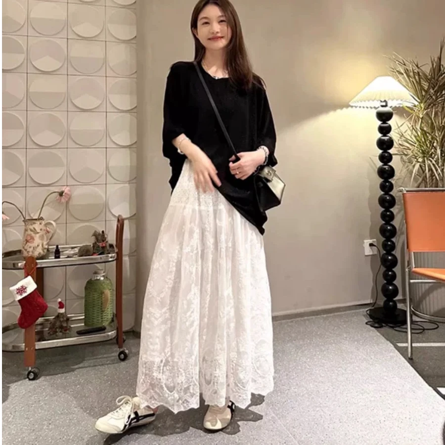 白色蕾丝半身裙女2025新款叠穿a字显瘦高腰气质网纱百搭中长裙子