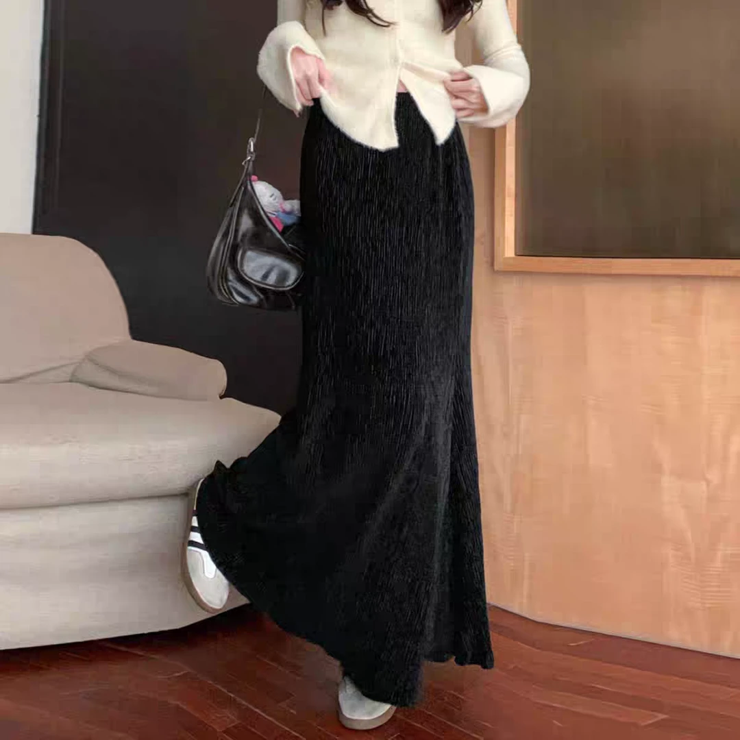丝绒褶皱鱼尾秋冬慵懒风韩系减龄气质中长款半身裙2025新款裙子女
