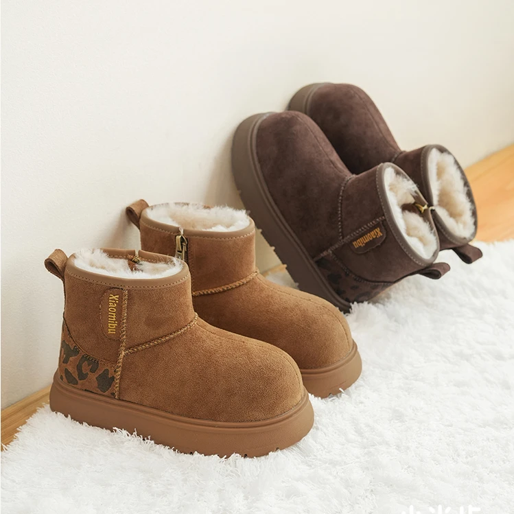 小米步【卡皮巴拉】豹纹女童雪地靴冬季新款大棉鞋加绒面包鞋