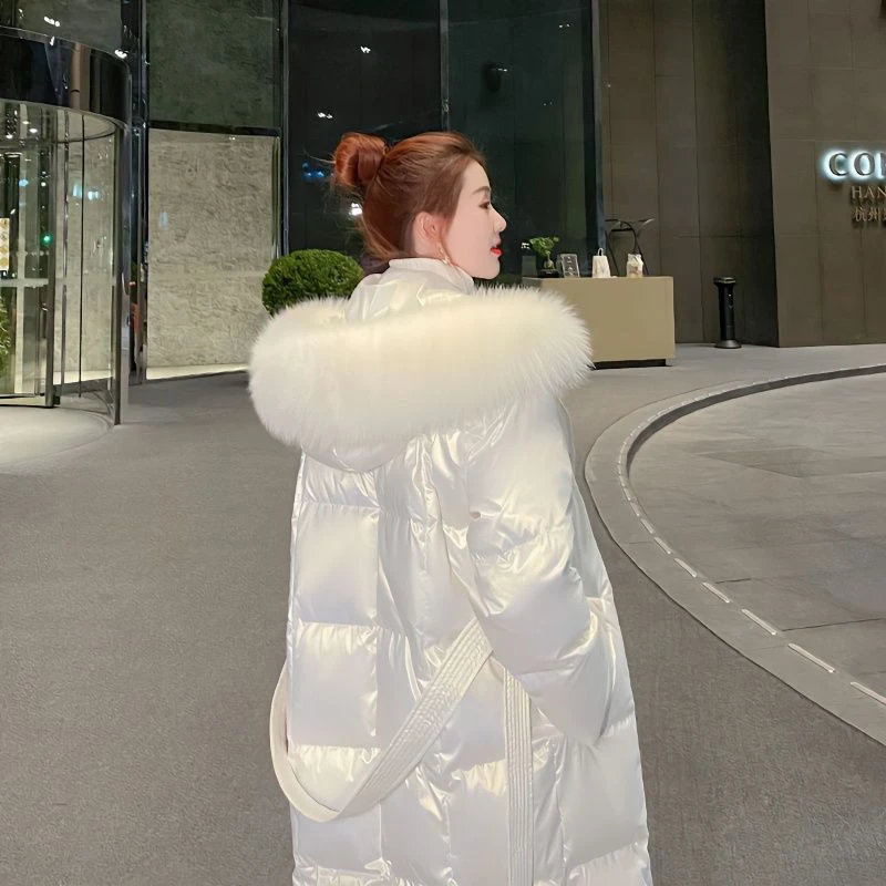 白色免洗亮面羽绒服女冬中长款2023年新款爆款时尚小众设计感加厚