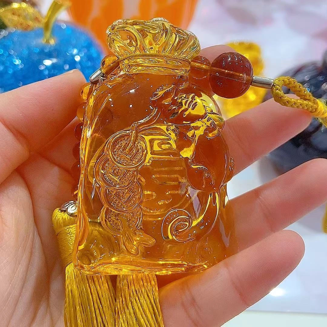 金色 琉璃水晶福袋钱袋 车载挂件