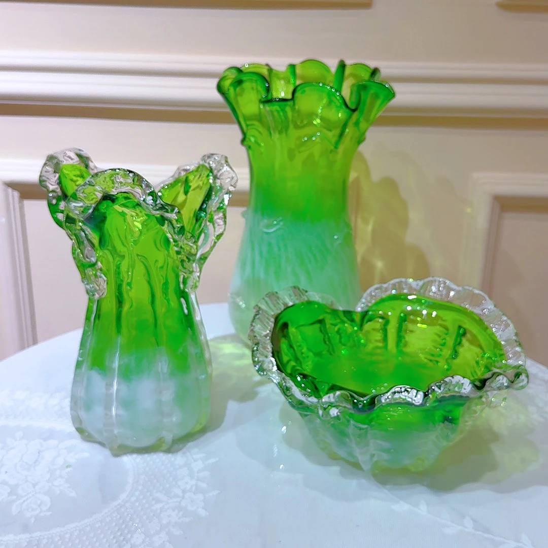 新中式小清新绿色白菜纯手工琉璃花瓶摆件家居装饰绿植桌面插花器