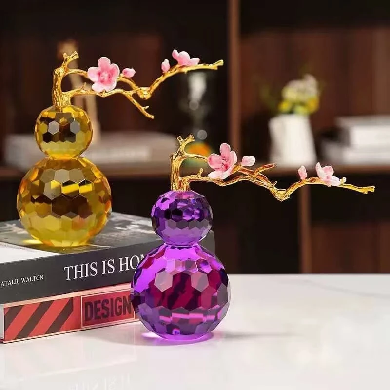 带梅花珐琅彩枝干情侣水晶摆件彩色玄关工艺品葫芦花瓶花盆摆件
