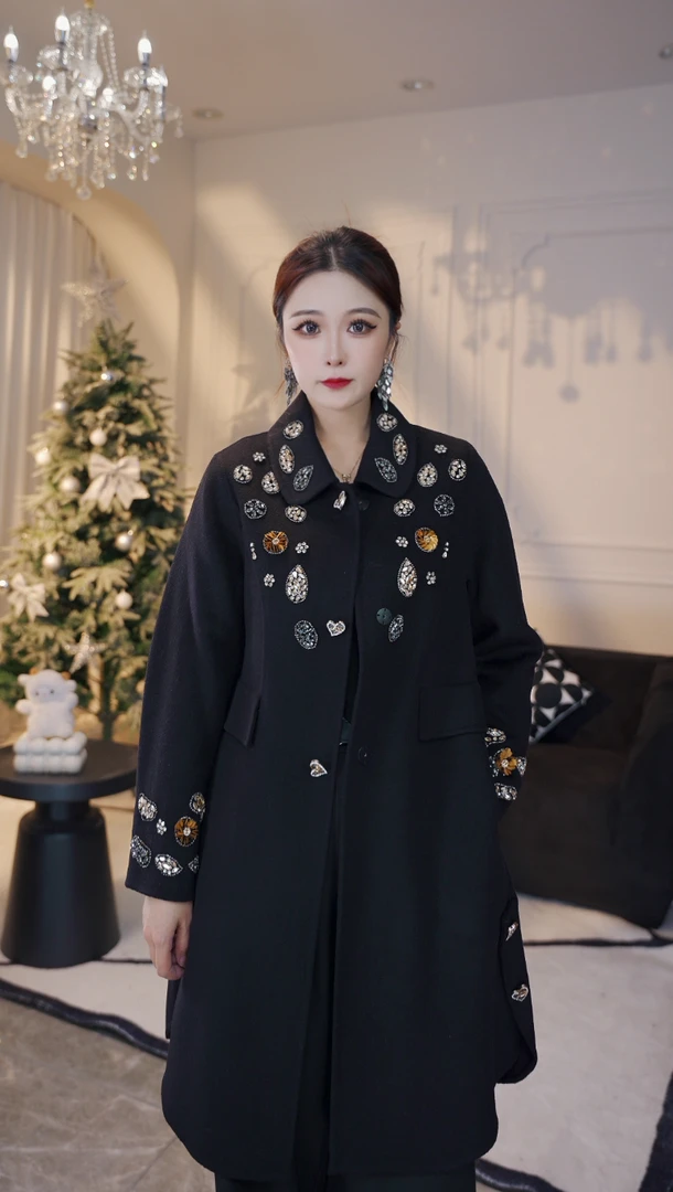 【小资情调】气质时尚双面羊毛大衣秋冬款轻奢百搭绣花外套