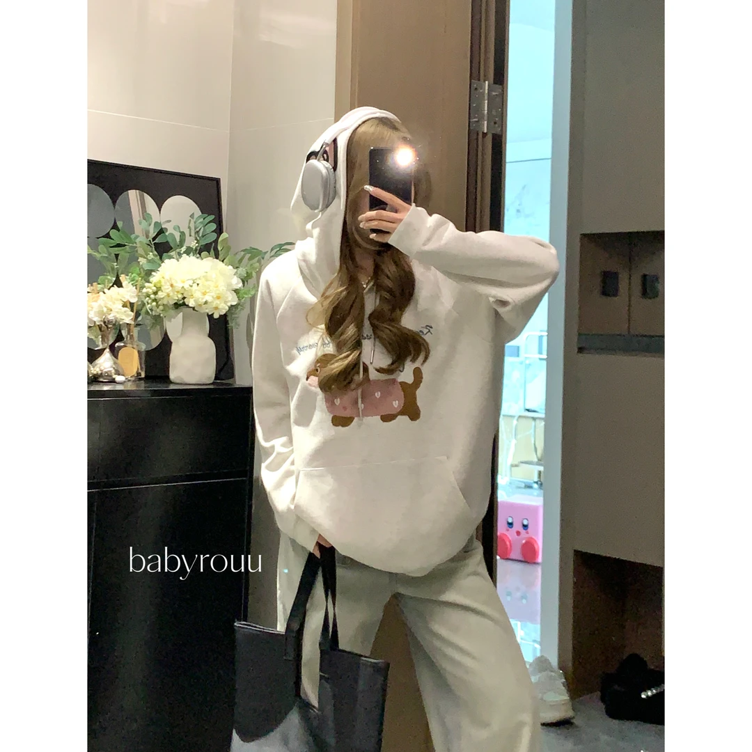 baby rouu温与柔【现货【随性日常】秋冬连帽宽松加绒卫衣韩版牛仔裤