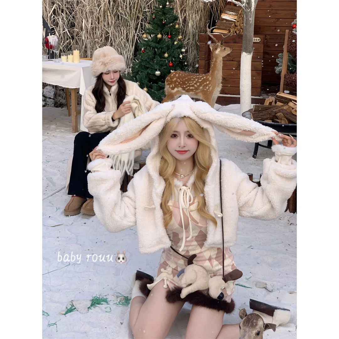 【现货】温与柔【暖绒兔兔】纯欲风连帽毛绒短外套菱格连衣裙两件套