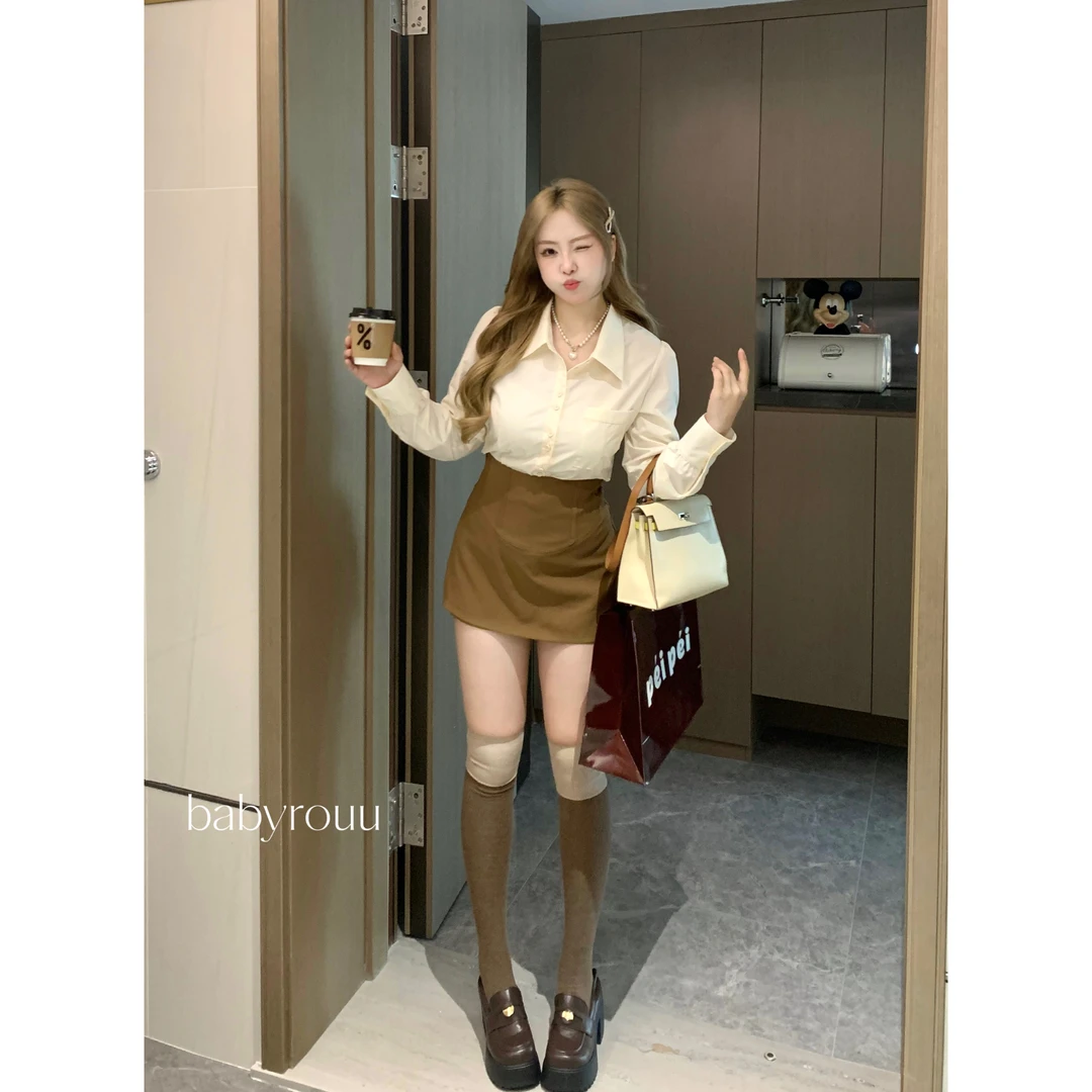 baby rouu【现货】【都市老钱】秋季显瘦气质长袖衬衫法式复古半身裙