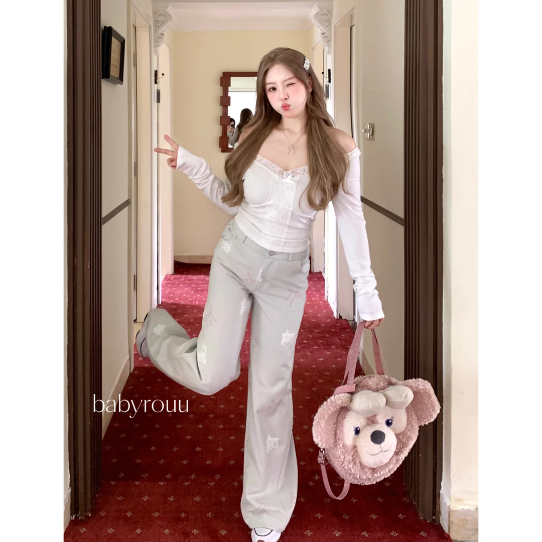 baby rouu【现货【甜御牛仔】温与柔蕾丝拼接上衣高腰显瘦牛仔裤套装