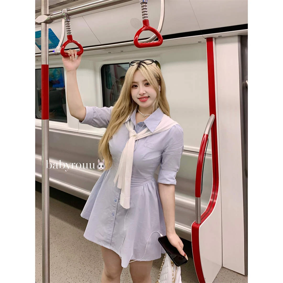 XQ麦600870【清冷学姐】学院风针织显瘦披肩衬衫短袖连衣裙