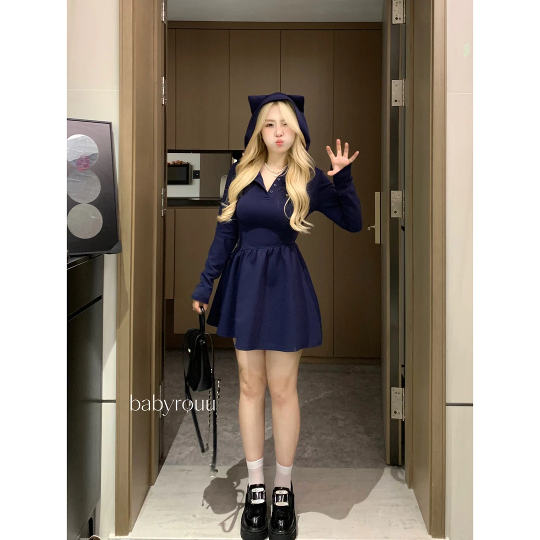 baby rouu【现货】【 古德猫宁】温与柔秋款收腰气质连帽设计感连衣裙