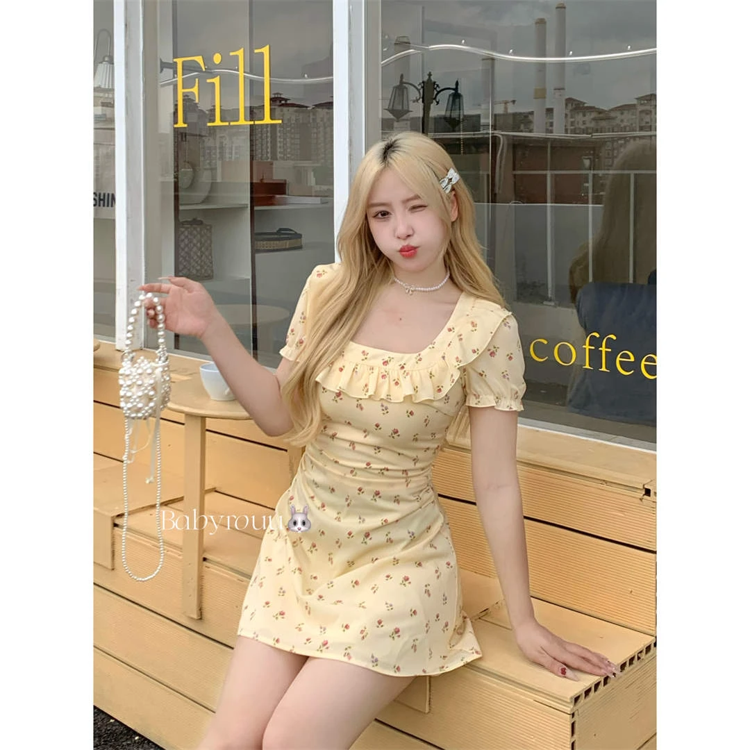 baby rouu【现货】温与柔【柠檬香草】黄色碎花收腰显瘦短袖连衣裙