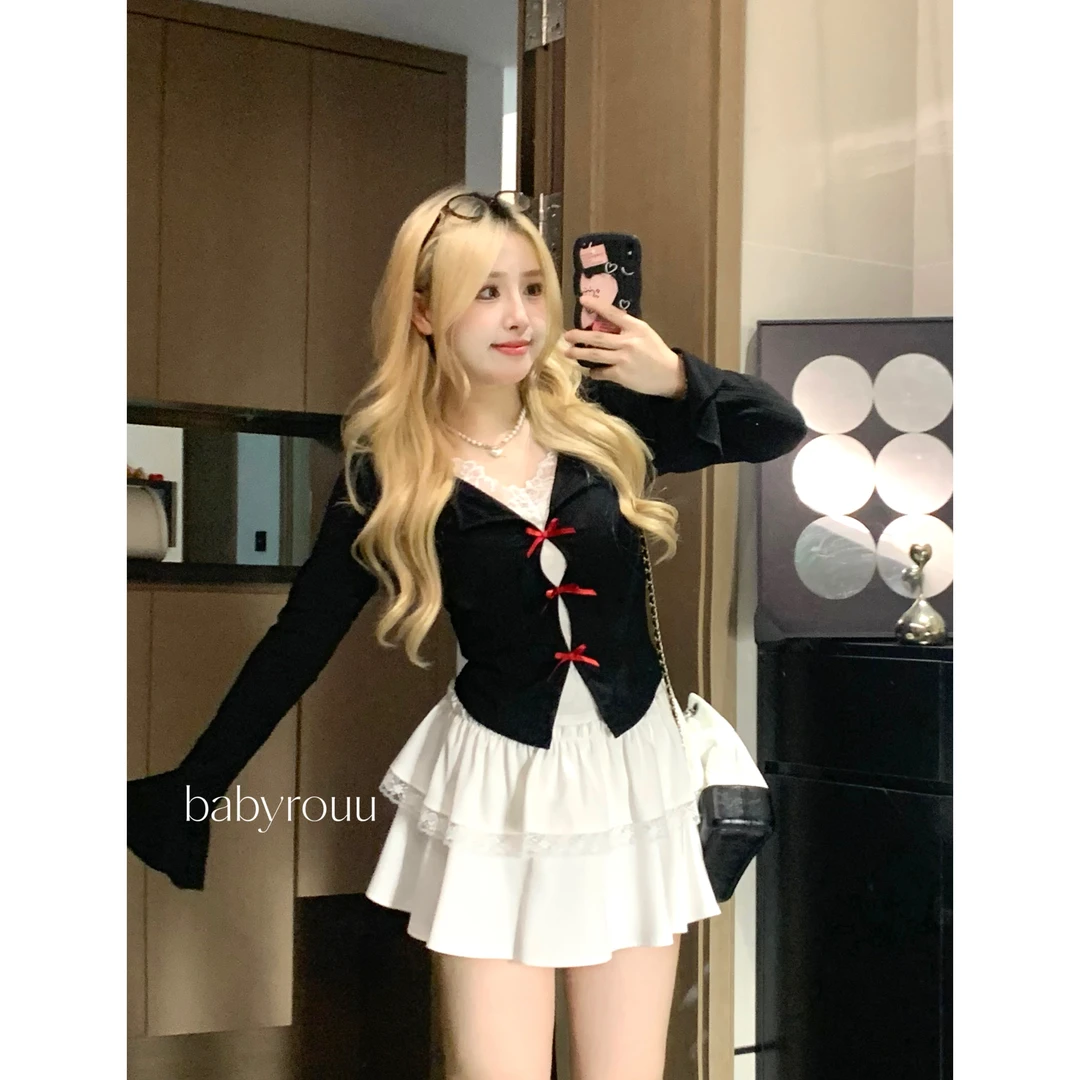 baby rouu【现货】【韩系美眉】温与柔甜辣假两件上衣蓬蓬半裙套装